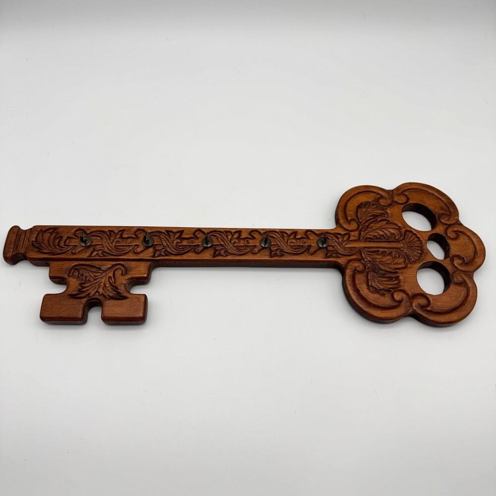 Vintage Key Shaped Holder Wood Wall 5 Hooks Carved Rustic Decor